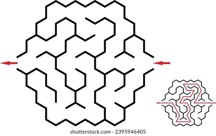 Extra easy hexagonal vector labyrinth. Children logic game for brain training isolated on white background. Preschool difficulty level. Puzzle for little age kids.