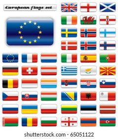 Extra glossy button flags. Big European set. 48 Vector flags. Original size of EU flag included.