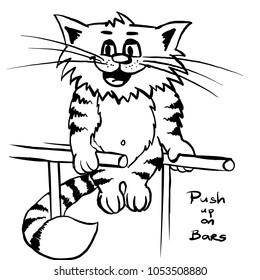 Extra happy  bar push ups cat. Smiley kitty in gym. Funny infantile outline sketch sporty cat for coloring book. Kitty with box print for shirt. Doodle cartoon workout tom
