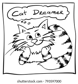 Extra happy dreamer cat. Smiley kitty on the holiday rest. Funny infantile outline sketch cat for coloring book. Kitty on saturday morning print for shirt. Doodle sleepy cartoon lazy tom

