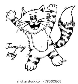 Extra happy dreamer jumping cat. Smiley flying kitty on the holiday. Funny infantile outline sketch cat for coloring book. Kitty on saturday morning print for shirt. Doodle  cartoon superman tom
