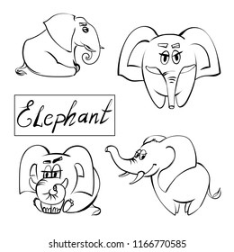 Extra happy elephant set. Smiley and serious elephants. Funny infantile outline animal sketch  for coloring book. Mammal print for shirt. Doodle cartoon  mammalian
