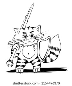  Extra happy fencing cat. Smiley kitty in gym. Funny infantile outline sketch sporty cat and big sword for coloring book. Kitty with shield print for shirt. Doodle  cartoon workout warrior tom