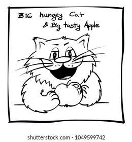 Extra happy hungry saturday cat. Smiley kitty on the holiday rest. Funny infantile outline sketch cat for coloring book. Kitty on  morning print for shirt. Doodle cartoon lazy tom and apple