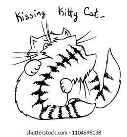 Extra happy kissing hugging cat.  kitty in love. Funny infantile outline sketch cat for coloring book. Kitty pretty paws for textile print for shirt. 