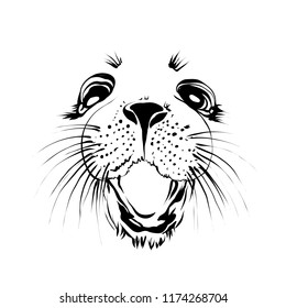 Extra happy  ringed seal face. Smiley cat. Funny infantile outline animal sketch  for coloring book. Mammal print for shirt. Doodle cartoon  mammalian
