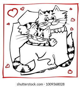 Extra happy saturday cat. Smiley kitty on Valentine's Day. Funny infantile outline sketch cat for coloring book. Kitty on saturday morning print for shirt. Doodle sleepy cartoon lazy tom
