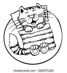 Extra happy saturday cat. Smiling kitty on holiday rest. Funny infantile outline sketch cat for coloring book. Kitty on  morning print for shirt. Doodle sleepy cartoon lazy tom
