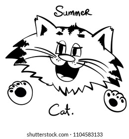 Extra happy summer cat. Smiley kitty. Funny infantile outline sketch cat for coloring book. Kitty pretty paws for textile print for shirt. 