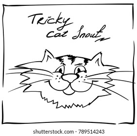 Extra happy tricky cat. Smiley kitty on the holiday rest. 
Funny infantile outline sketch cat for coloring book. Kitty on saturday morning print for shirt. Doodle cartoon lazy tom