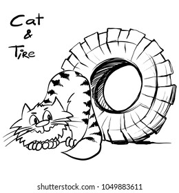 Extra happy weightlifting cat Smiley kitty in gym. Funny infantile outline sketch sporty cat for coloring book. Kitty with tire print for shirt. Doodle sleepy cartoon workout tom