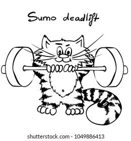 Extra happy weightlifting cat Smiley kitty in gym. Funny infantile outline sketch. sport cat for coloring book. Kitty with barbell print for shirt. Doodle cartoon workout tom. Sumo deadlift 