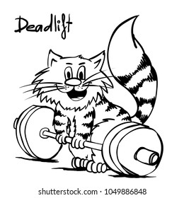 Extra happy weightlifting cat Smiley kitty in gym. Funny infantile outline sketch sporty  animal cat for coloring book. Kitty with barbell print for shirt. Doodle cartoon workout tom.Deadlift