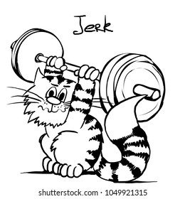 Extra happy weightlifting cat Smiley kitty in gym. Funny infantile outline sketch sporty cat for coloring book. Kitty with barbell print for shirt. Doodle jerk animal cartoon workout tom
