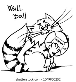 Extra happy weightlifting cat Smiley kitty in gym. Funny infantile outline sketch sporty cat for coloring book. Kitty with ball print for shirt. Doodle wall ball cartoon  animal workout tom
