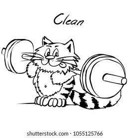 Extra happy weightlifting cat. Smiley kitty in gym. Funny infantile outline sketch sporty cat for coloring book. Kitty with barbell print for shirt. 