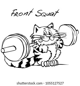 Extra happy weightlifting cat. Smiley kitty in gym. Funny infantile outline sketch sporty cat for coloring book. Kitty with barbell front squat print for shirt. 