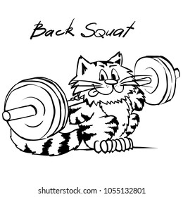 Extra happy weightlifting cat. Smiley kitty in gym. Funny infantile outline sketch sporty cat for coloring book. Kitty with barbell back squat print for shirt. 