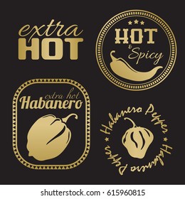 Extra hot chili and habanero pepper labels. Gold and black color