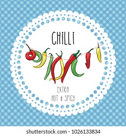 Extra hot chilli peppers hanging on a string. Vector illustration.