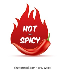 Extra hot and spicy chili paper poster, badge or banner template with fire, isolated on white background.  Fresh and organic food illustration.Vector illustration. EPS 10