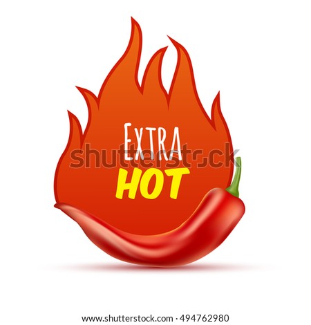Extra hot and spicy chili paper poster, badge or banner template with fire, isolated on white background.  Fresh and organic food illustration.Vector illustration. EPS 10