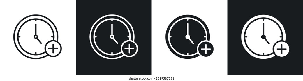 Extra hours icon collection in black and white filled and stroke line style.