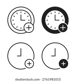 Extra hours icon collection in black color. Stroke Lines and flat silhouette style icons
