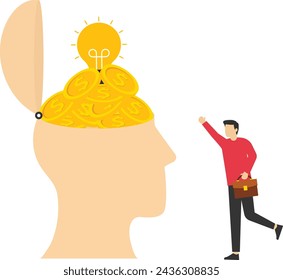 Extra income search idea concept, business man with magnifying glass looking at money, looking for money making ideas, looking for opportunities, flat vector illustration design.