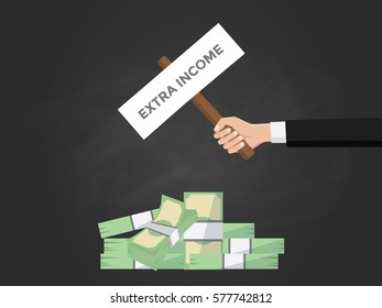 extra income text illustration on a sign board on top of money heap with black background