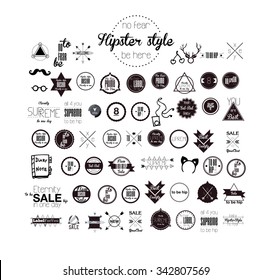 Extra large flat set of 60 logos, stamps, banners, buttons hipster flat vintage, fashion, style with freehand doodles elements