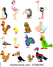 extra large set of birds including Pelican, chicken, rooster, chicken, flamingos, sparrow, ostrich, turkey, penguin, vulture, owl, gull, duck, parrot, goose, peacock toucan
