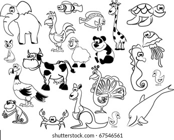 Extra large set of  black  white animals including elephants, giraffes, peacocks,  panda,  sea horse, jellyfish, rooster, chicken, kangaroo, dolphin, fish, turkey, cow, turtle, cat, crab, lamb