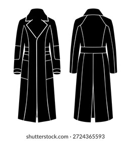 Vector de moda con vista frontal y posterior de la silueta de la gabardina con cinturón extra largo