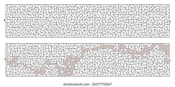 Extra long rectangular maze puzzle with solution included.  20x100 Grid Vector Labyrinth Template