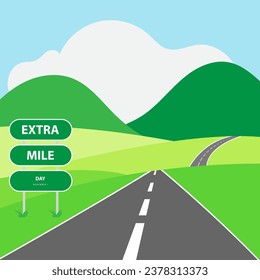 Extra Mile Day on november 1, With concept highway, mountains, warning signs and clouds vector illustration and text on blue sky background for commemorate and celebrate Extra Mile.