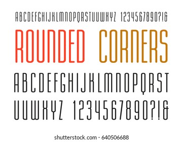 Extra narrow sanserif font with rounded corners. Medium face. Design for titles and logos. Isolated on white background