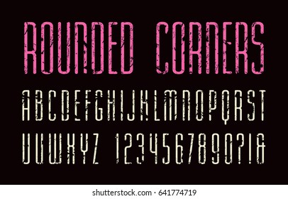 Extra narrow sanserif font with rounded corners. Medium face. Letters with shabby texture. Print on black background