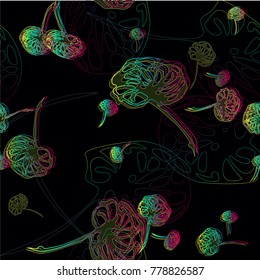 Extra popular color transition fungus botanical textile pattern.  Nifty gentle 3D effect flower tropical herbarium. Bright herb glitch effect print for sport pants on dark Obscure shady lily blooms.