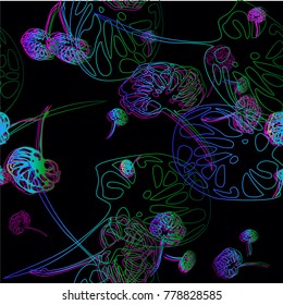 Extra popular color transition fungus botanical textile pattern.  Nifty gentle 3D effect clover tropical herb. Bright herb glitch effect print for sport pants on dark Obscure shady lily blooms.