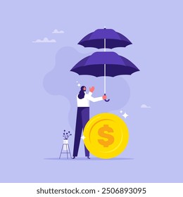 Extra protection for financial, security or safety guard protect concept, business protection or insurance, businessman holding double layers umbrella to protect money coin