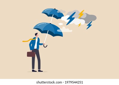 Extra protection for thunderstorm ahead, business protection or insurance, resilience or shield to survive crisis situation concept, businessman holding double layers umbrella to protect against storm