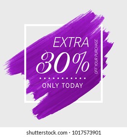 Extra Sale 30% off sign over watercolor art brush stroke paint abstract background vector illustration. Perfect acrylic design for a shop and sale banners.