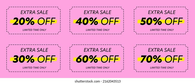 Extra sale label with different discount value set. Discount sticker badge with 20, 40, 50, 30, 60, 70 percent off. Limited time sale label vector illustration isolated on pink background