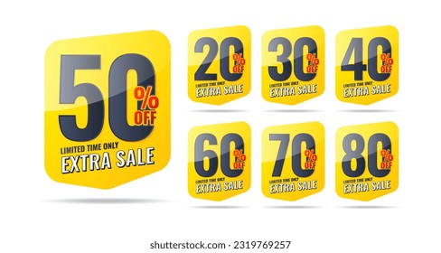 Extra sale label pop up banner with different sale percentage. 20, 30, 40, 50, 60, 70, 80 percent off price reduction badge promotion design emblem set vector illustration isolated on white background