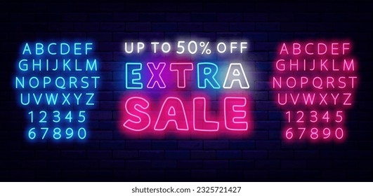 Extra Sale neon emblem. Special offer. Marketing label. Handwritten text. Shiny advertising banner. Glowing pink and blue alphabet. Shopping design. Editing text. Vector stock illustration