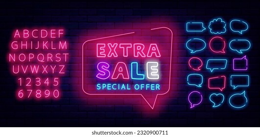 Extra Sale neon flyer. Special offer. Marketing label. Colorful handwritten text. Speech bubbles frames collection. Shiny advertising banner. Shopping design. Editing text. Vector stock illustration