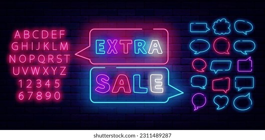 Extra Sale neon label. Special offer emblem. Marketing label. Colorful handwritten text. Think cloud frames collection. Shiny advertising banner. Shopping design. Editable stroke. Vector illustration