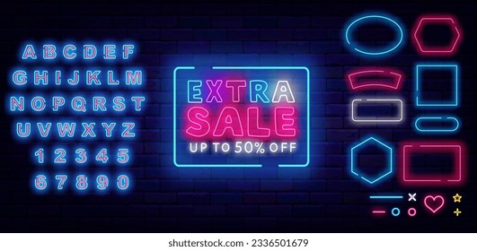 Extra Sale neon label. Special offer. Geometric frames collection. Marketing emblem. Shiny advertising banner. Glowing blue alphabet. Shopping design. Editing text. Vector stock illustration