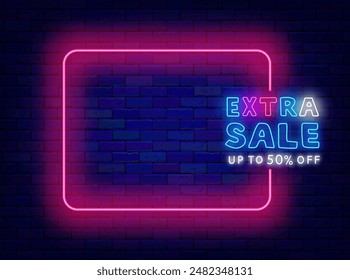 Extra sale neon poster. Special offer promotion. Shiny greeting card. Empty pink frame and typography. Great shopping flyer. Copy space. Editing text. Vector stock illustration